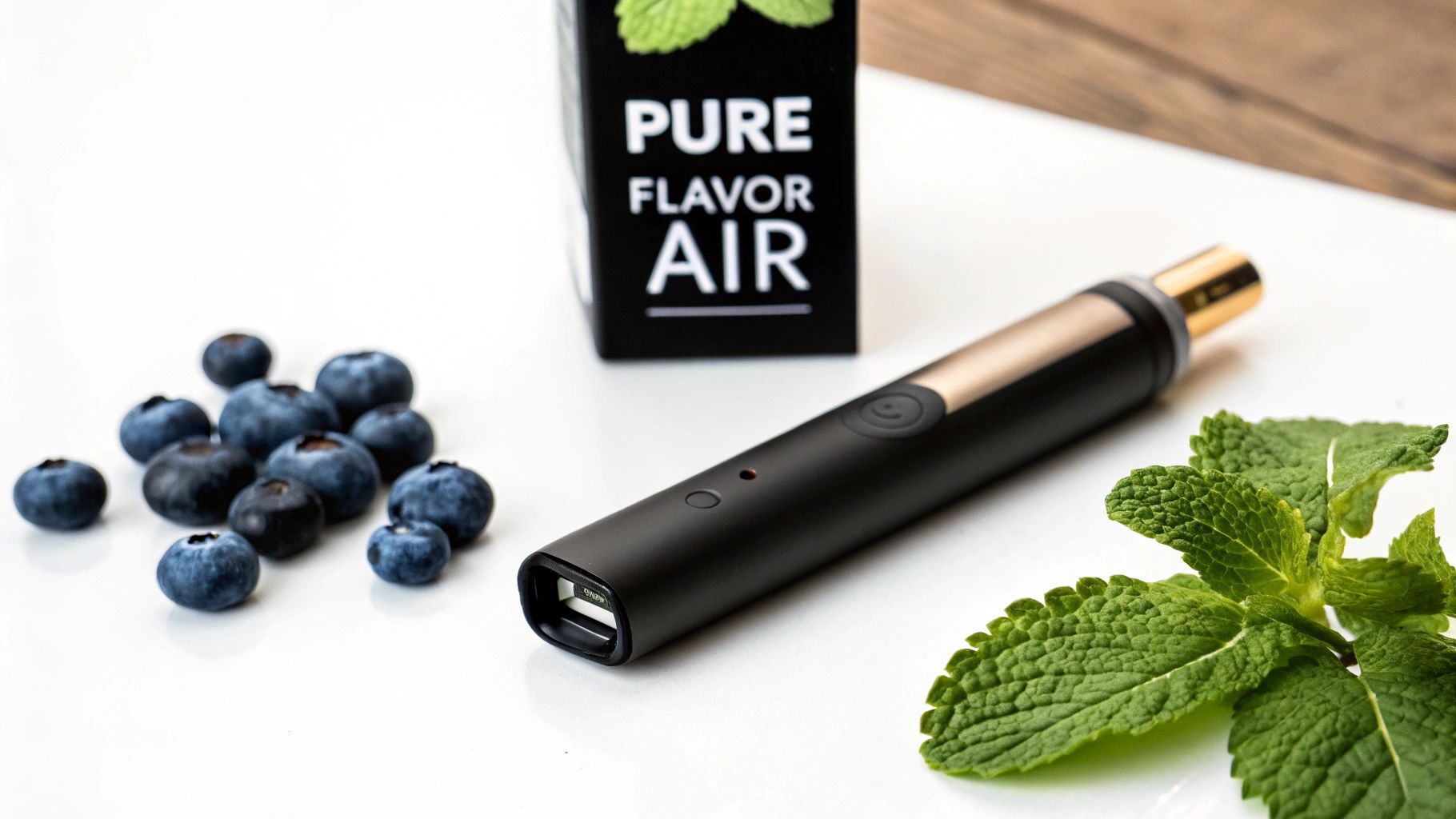 A sleek black vape pen surrounded by fresh blueberries, vibrant mint leaves, and a 'Pure Flavor Air' box.