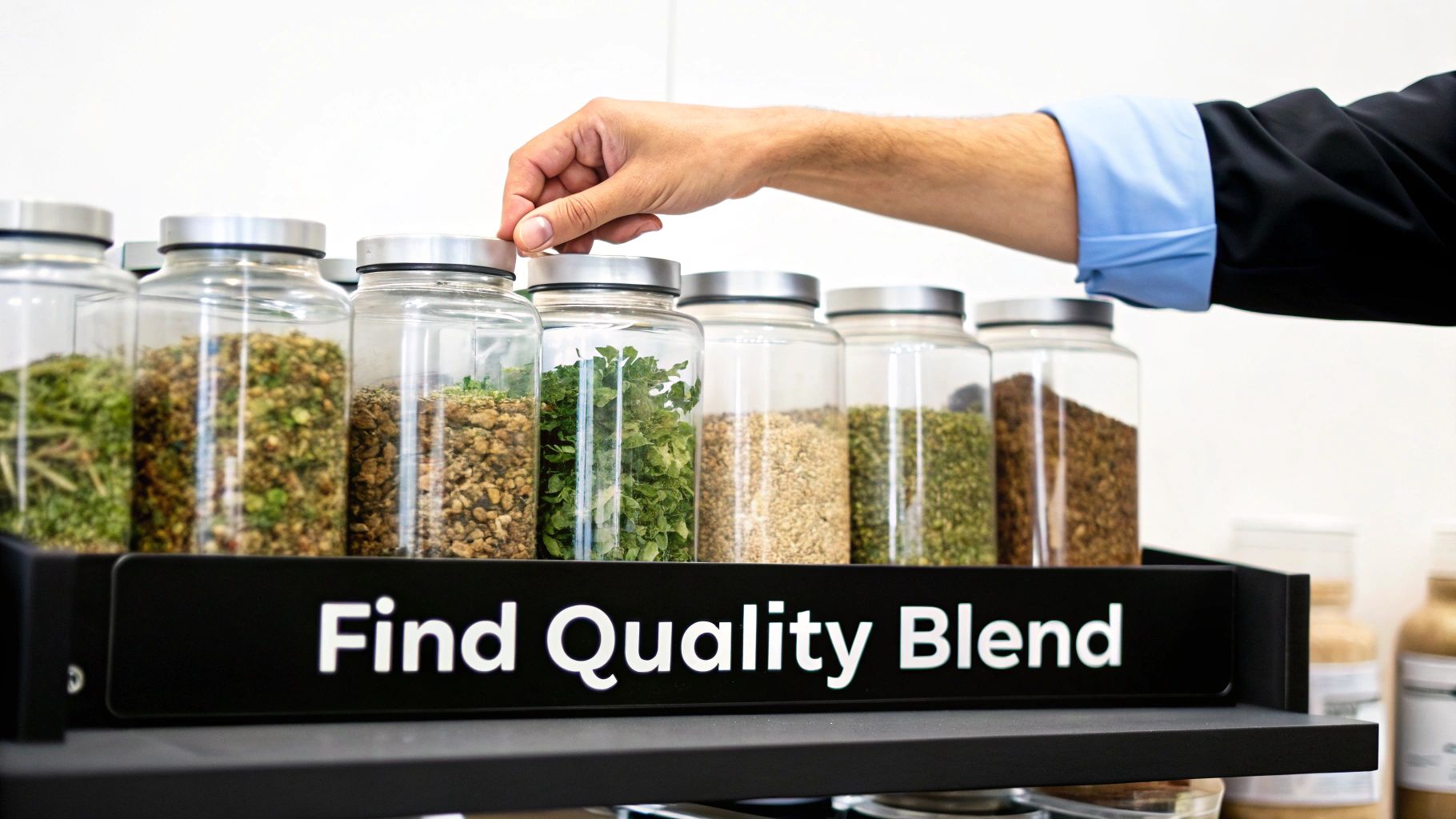 Hand reaching for glass jars containing various herbal smoking blend ingredients on black display shelf