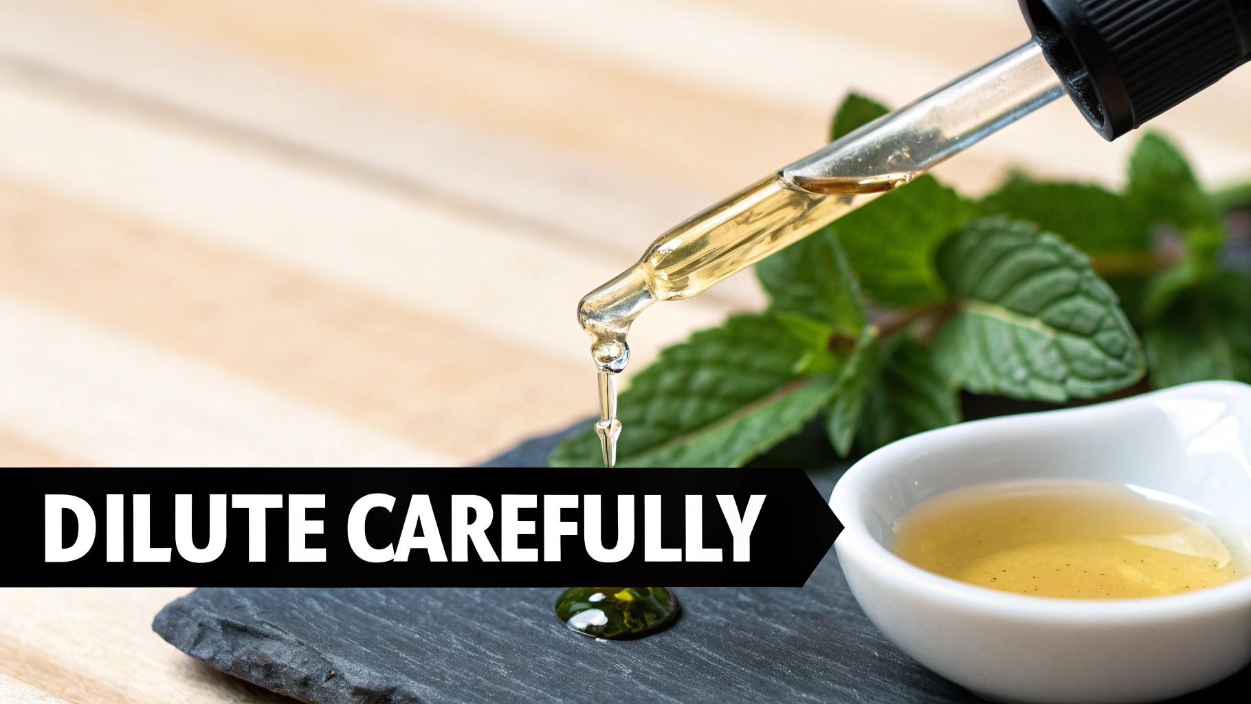 Dropper dispensing essential oil near mint leaves and a bowl. Text banner says 'DILUTE CAREFULLY'.