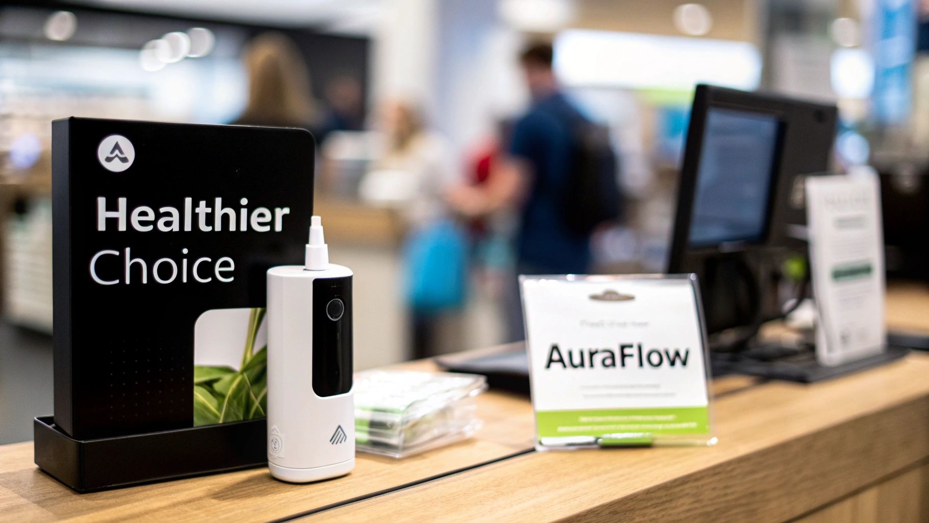 A retail display featuring a 'Healthier Choice' sign and a white wellness device on a wooden counter.