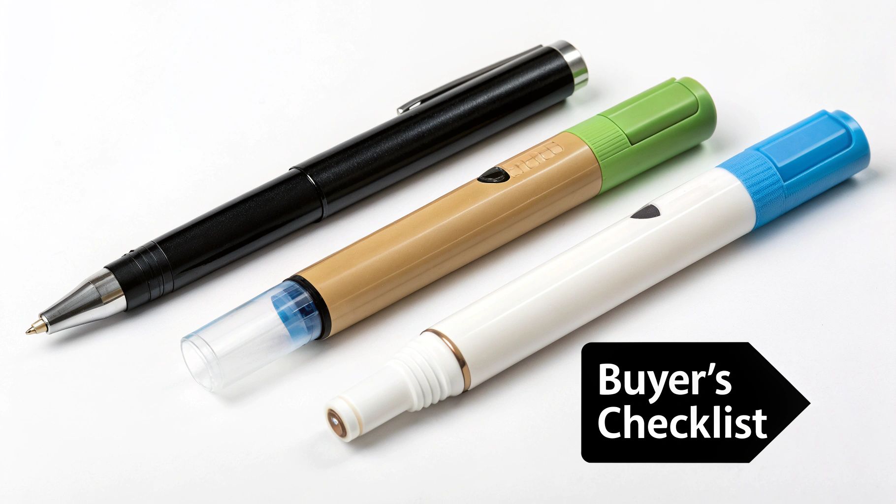 Three sleek pen-like devices, including black, tan-green, and white-blue designs, lying diagonally on a clean white surface.