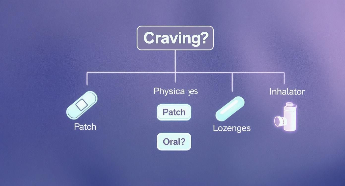 Flowchart showing various methods to manage cravings, including patches, lozenges, and inhalers.