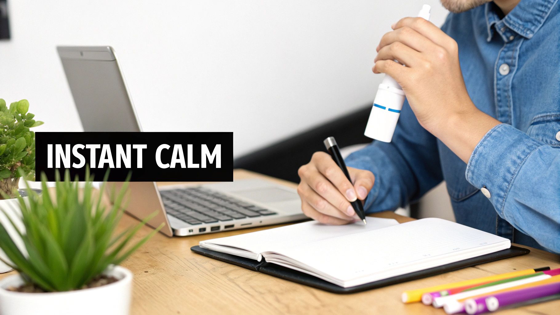 A person uses an aromatherapy inhaler while writing at a desk, with a laptop and 'INSTANT CALM' text.