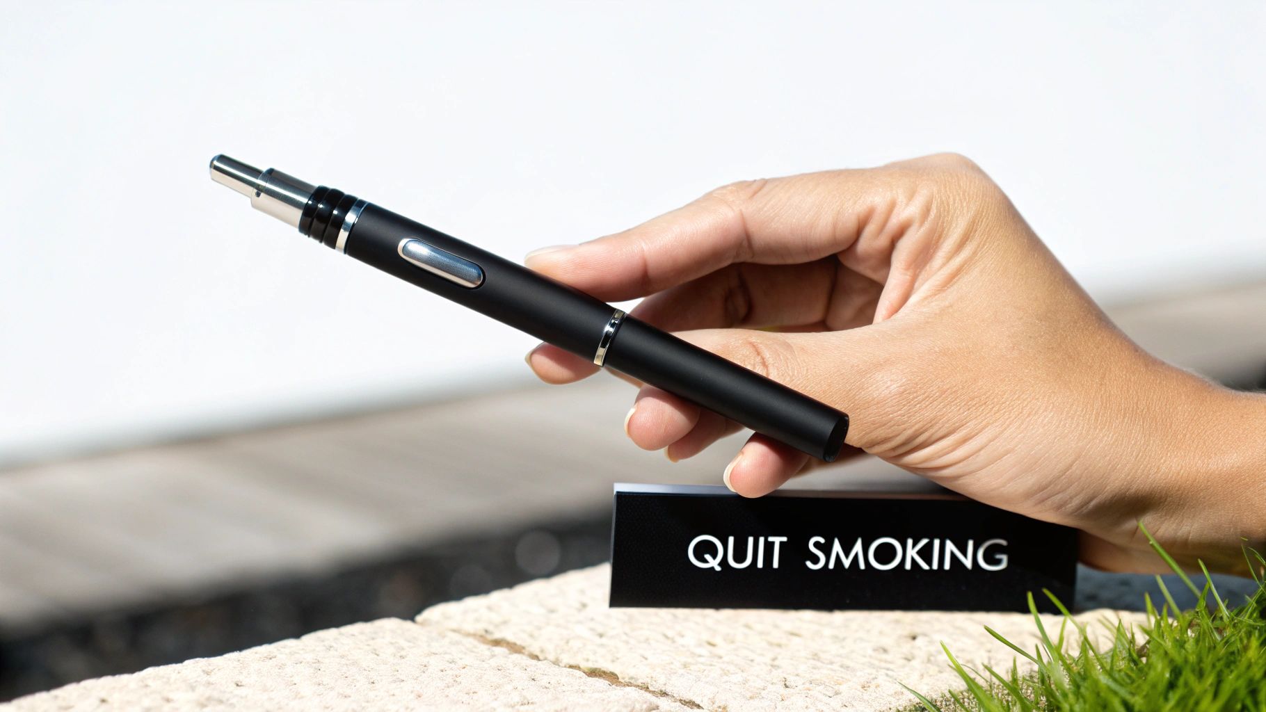 A person holding a sleek, modern stop smoking pen, symbolising a clean break from traditional cigarettes.