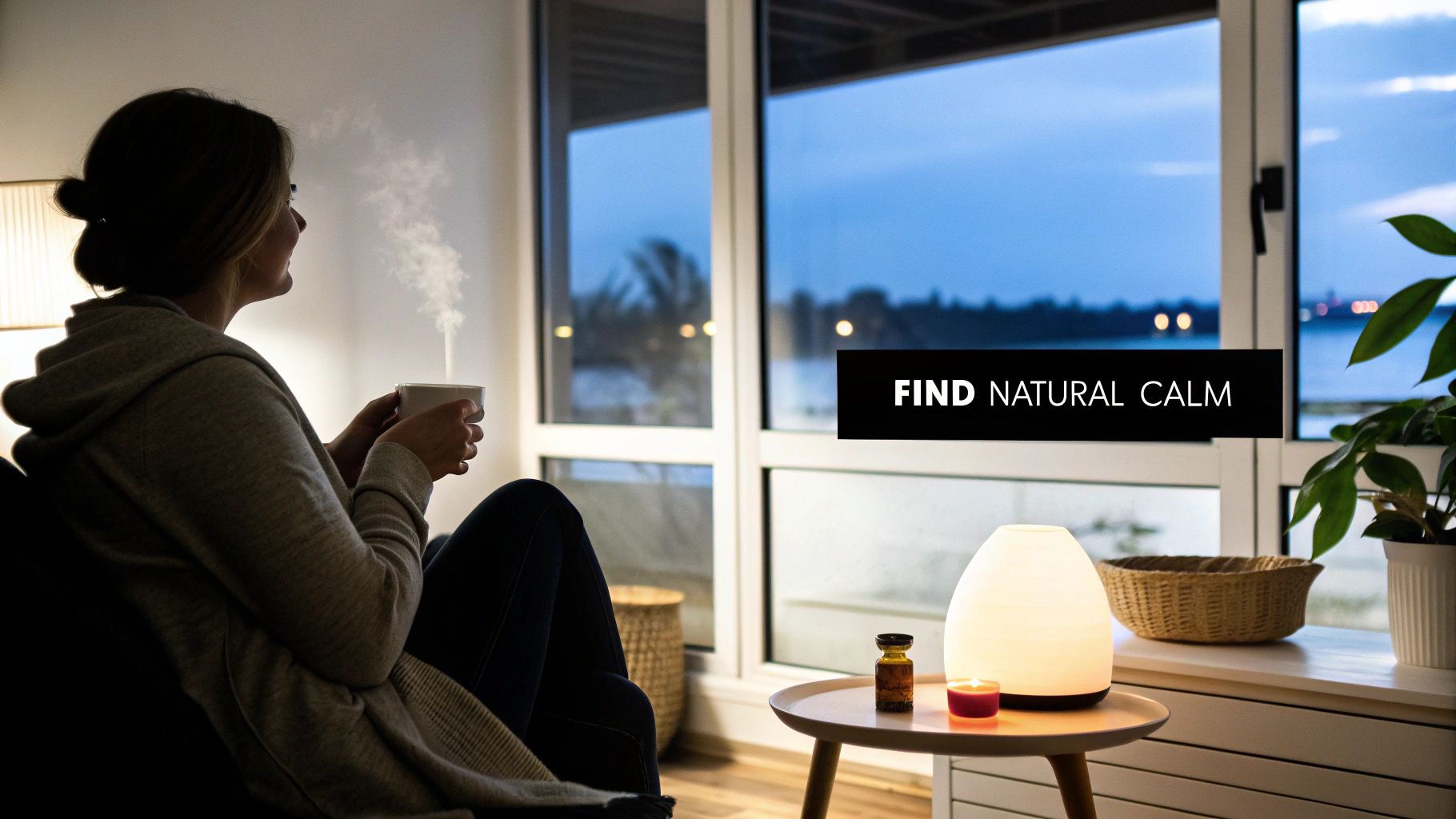 A person relaxing in a calm, modern living room with an aromatherapy diffuser gently emitting mist.