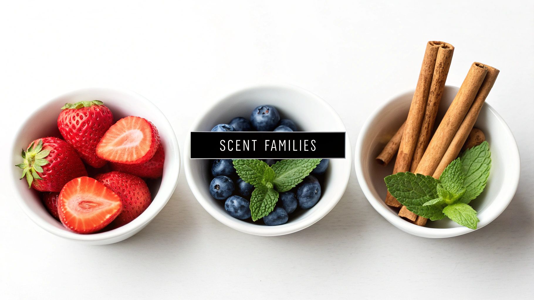Three white bowls filled with strawberries, blueberries, and cinnamon sticks with mint, representing scent families.