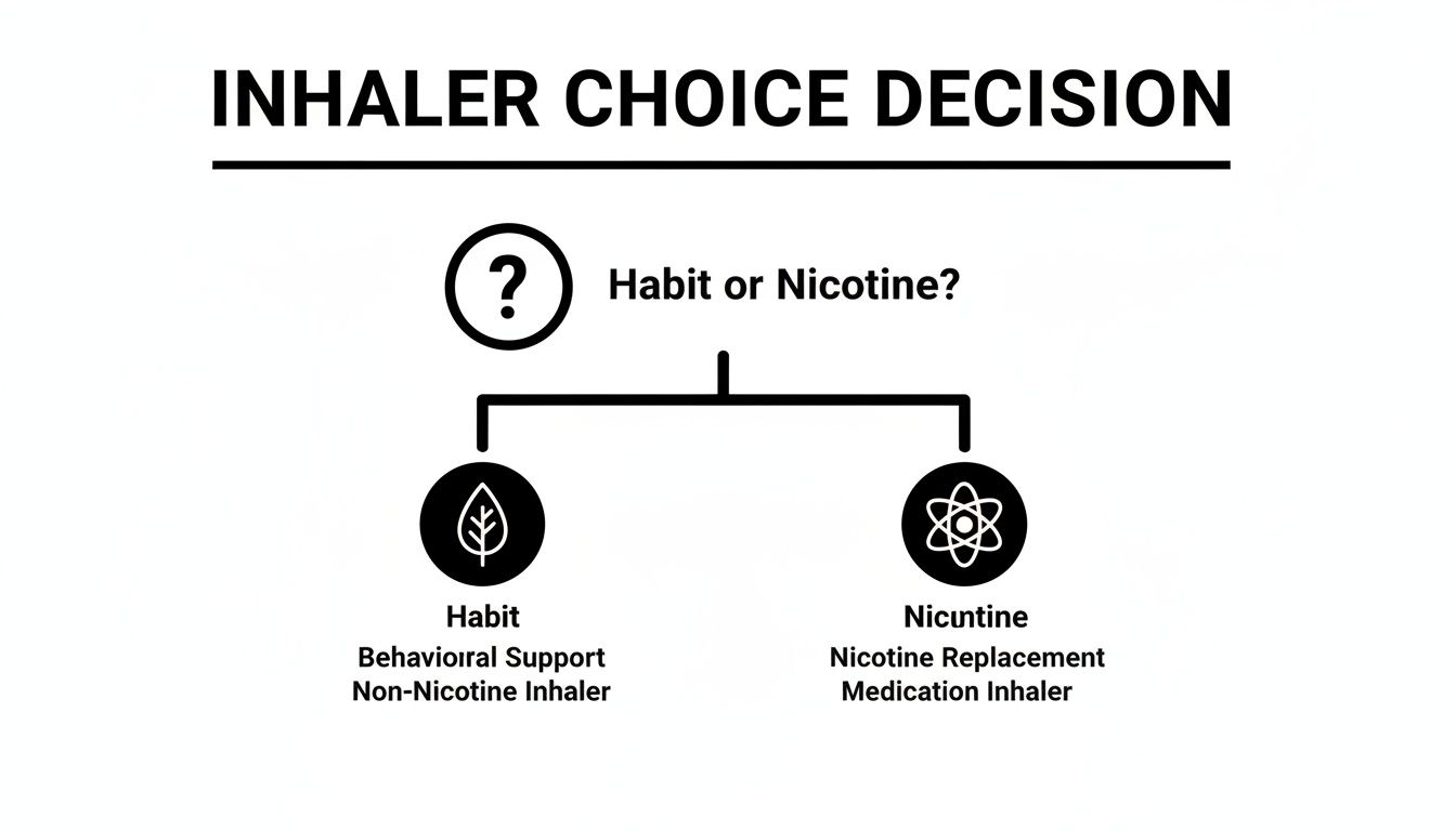 Flowchart showing inhaler choice decision: Habit or Nicotine, leading to non-nicotine or nicotine replacement inhalers.