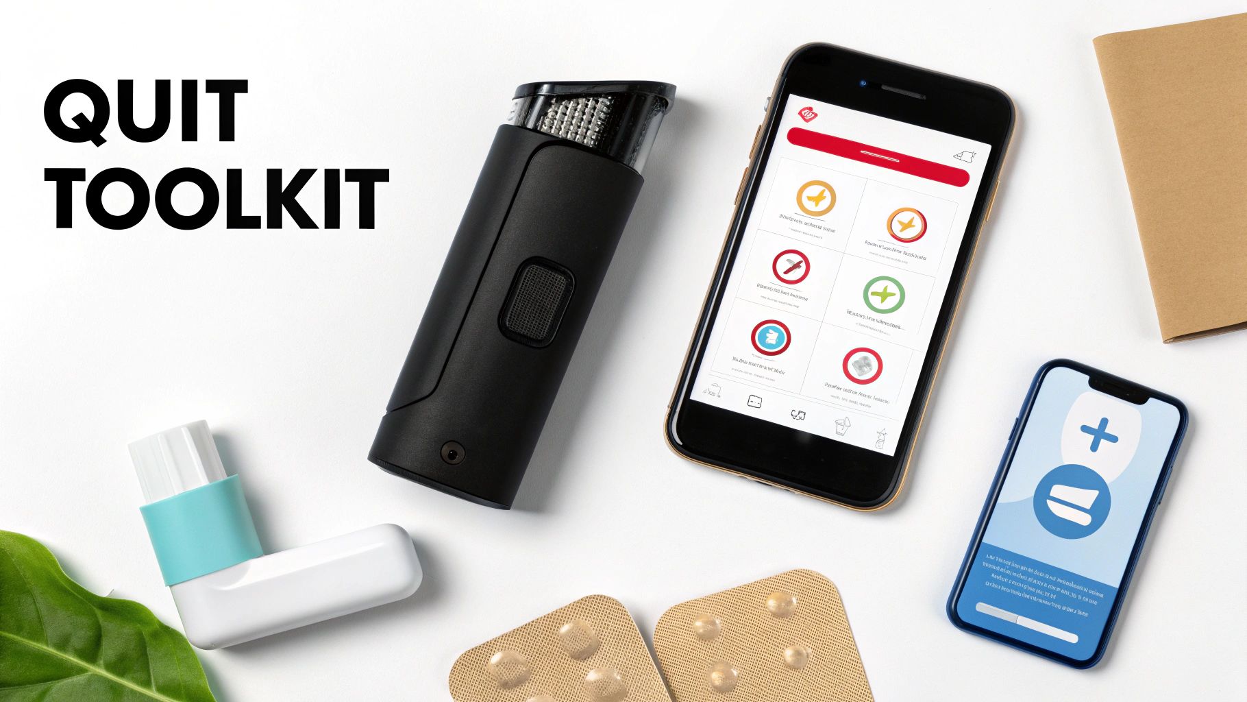 A flat lay of a 'Quit Toolkit' with a vape, two smartphones showing apps, an inhaler, and blister packs.