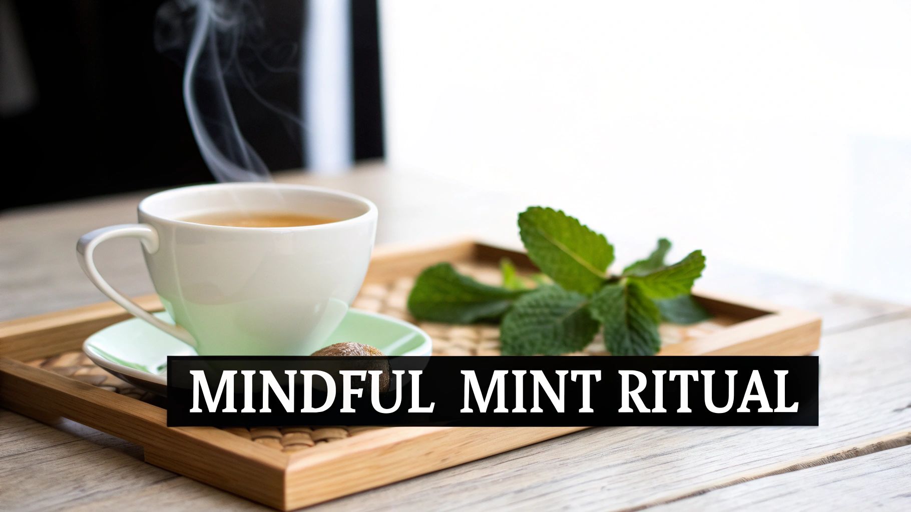 A steaming cup of tea with fresh mint leaves on a wooden tray, suggesting a mindful ritual.