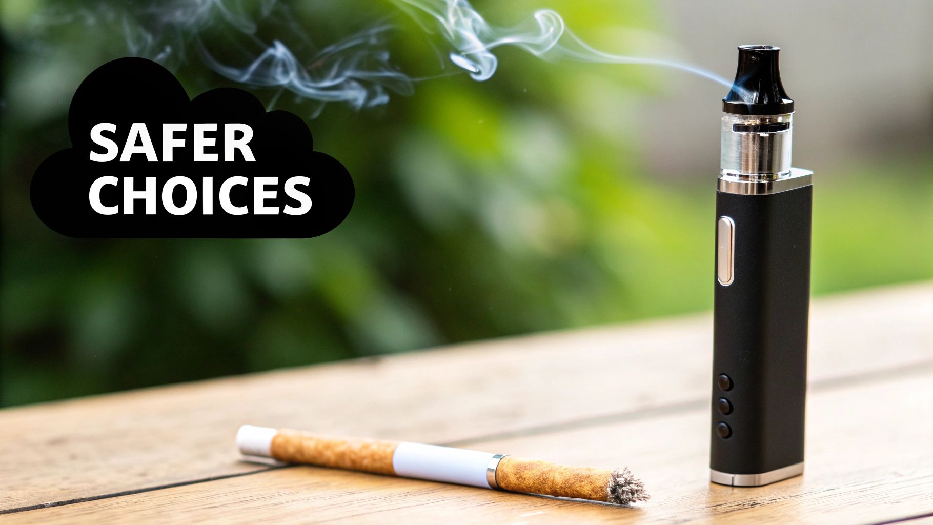 Vaping device and a cigarette on a table, promoting 'Safer Choices' for quitting smoking.