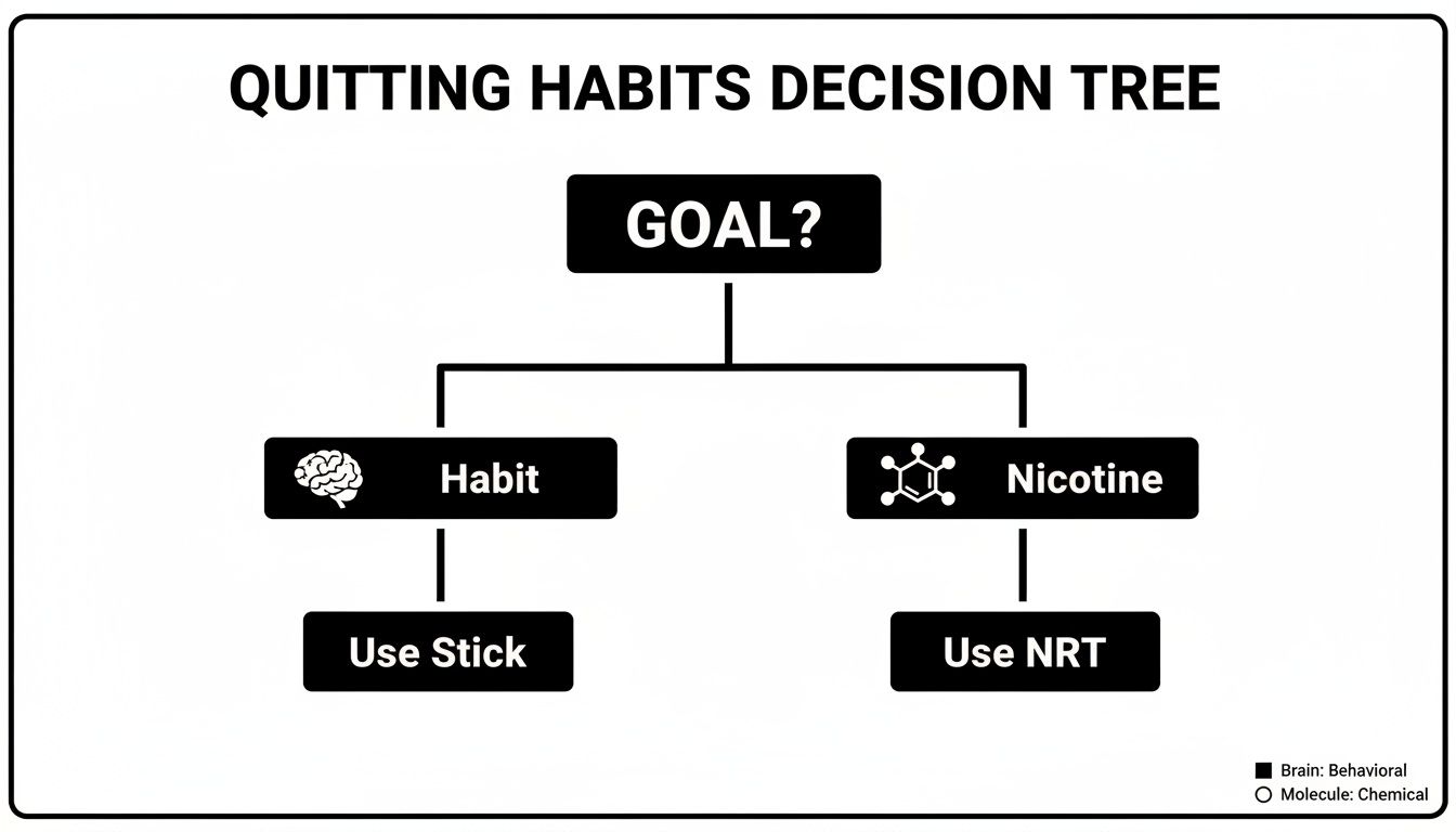 A decision tree for quitting habits, distinguishing between behavioral habits and nicotine addiction with suggested methods.