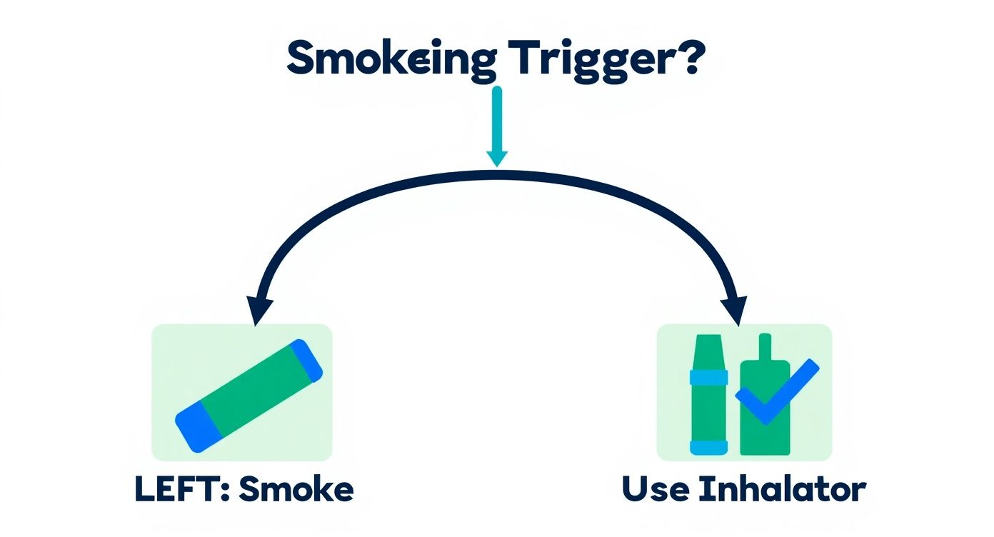 A diagram illustrating the decision when facing a 'Smoking Trigger?': choose between 'Smoke' or 'Use Inhalator'.