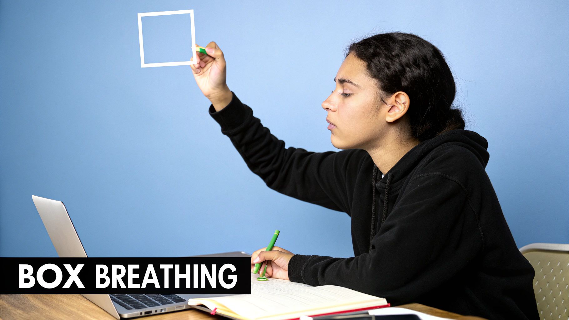 A simple diagram illustrating the four steps of Box Breathing: Inhale for 4, Hold for 4, Exhale for 4, Hold for 4, forming a square.