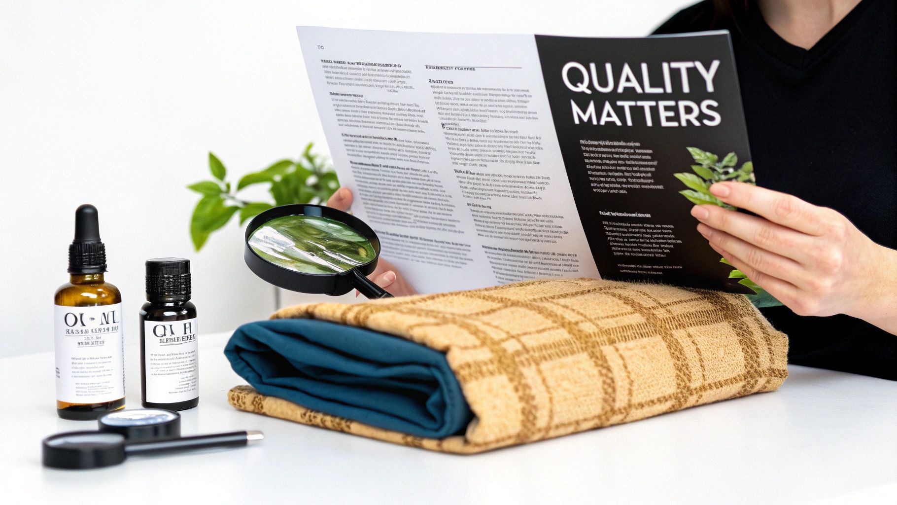 Person reading a 'Quality Matters' magazine with essential oil bottles, magnifying glass, and a folded textile.