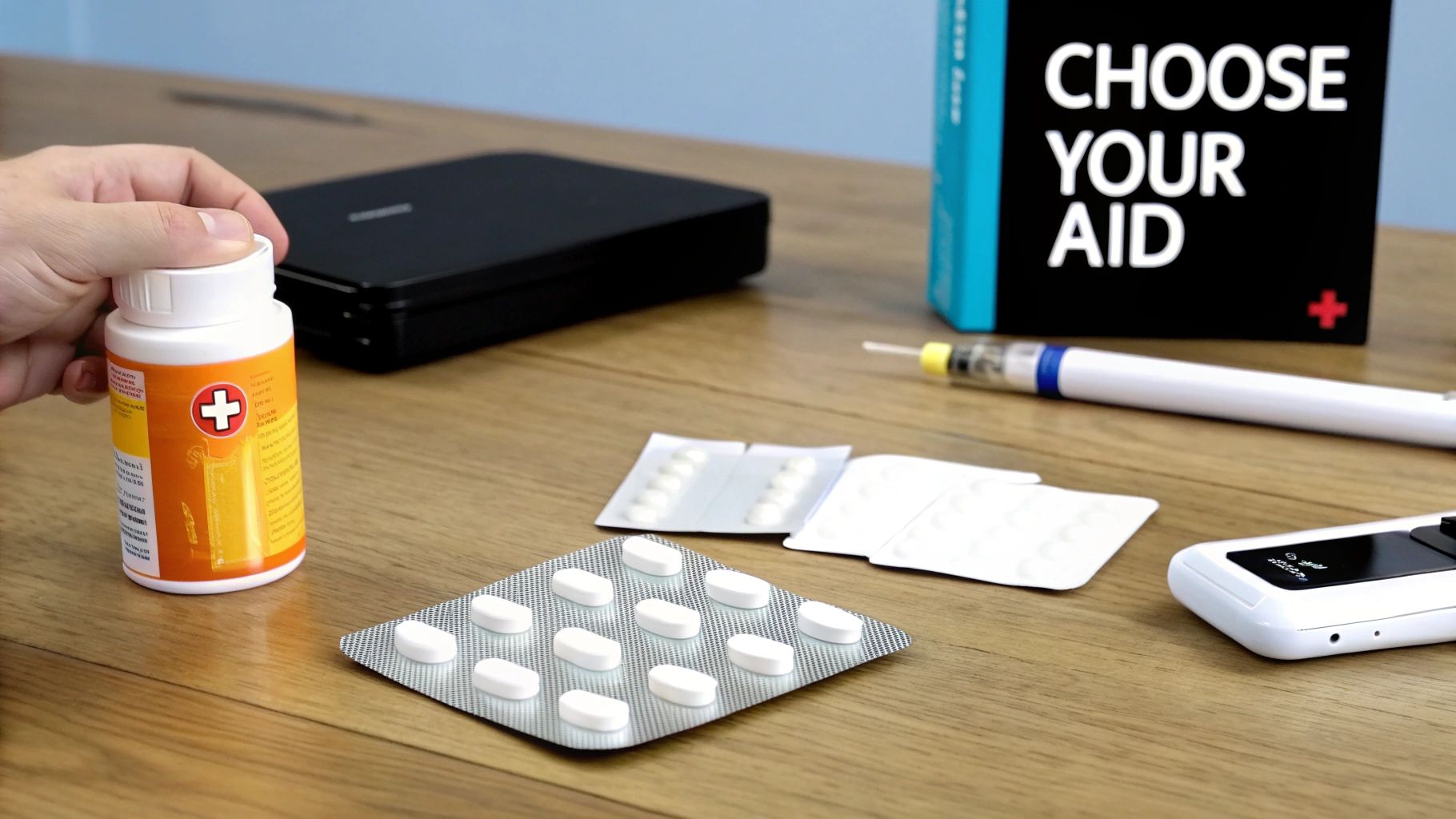 A hand holds a pill bottle, alongside blister packs, an injection pen, and medical devices on a wooden table.
