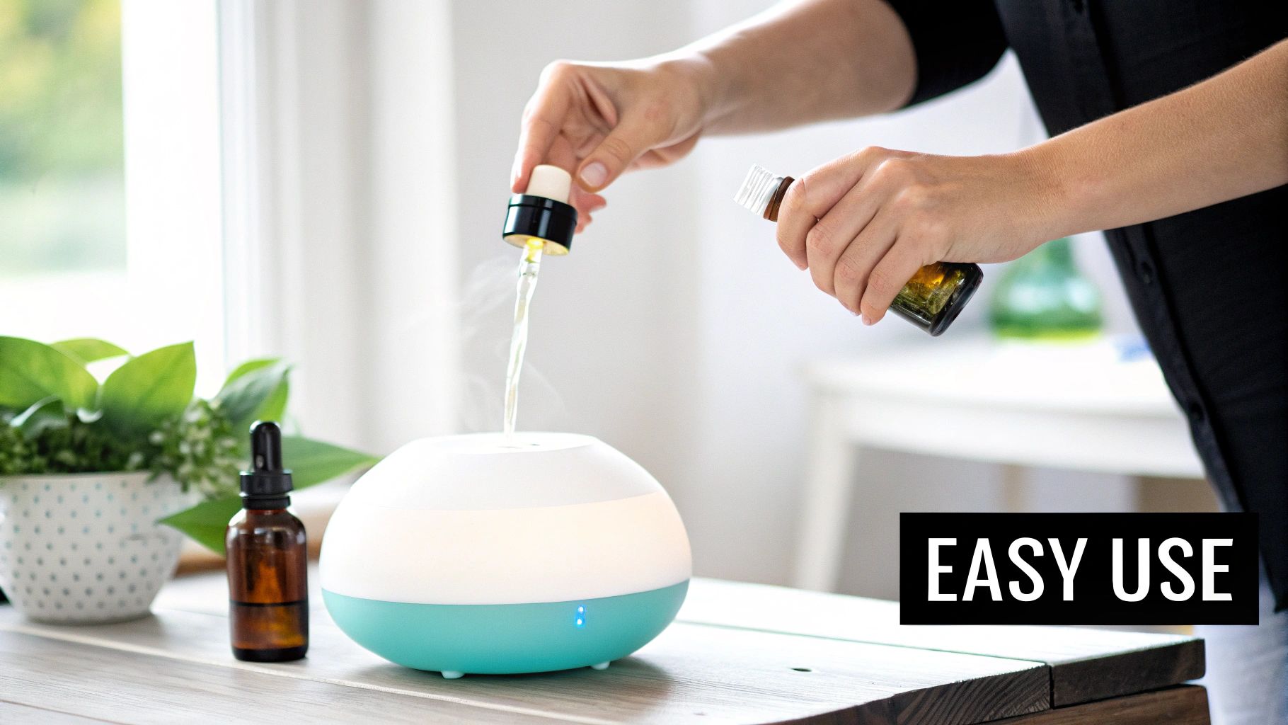A woman dropping essential oil into a diffuser.