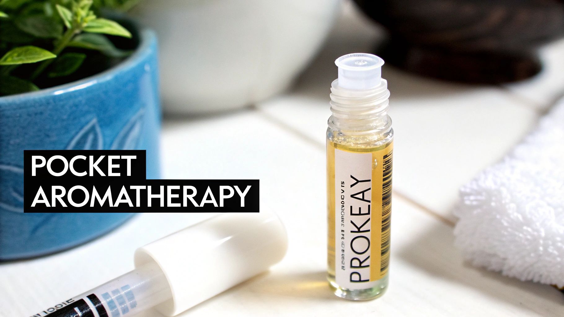 A small bottle of PROKEAY essential oil roller and a white inhaler for pocket aromatherapy.