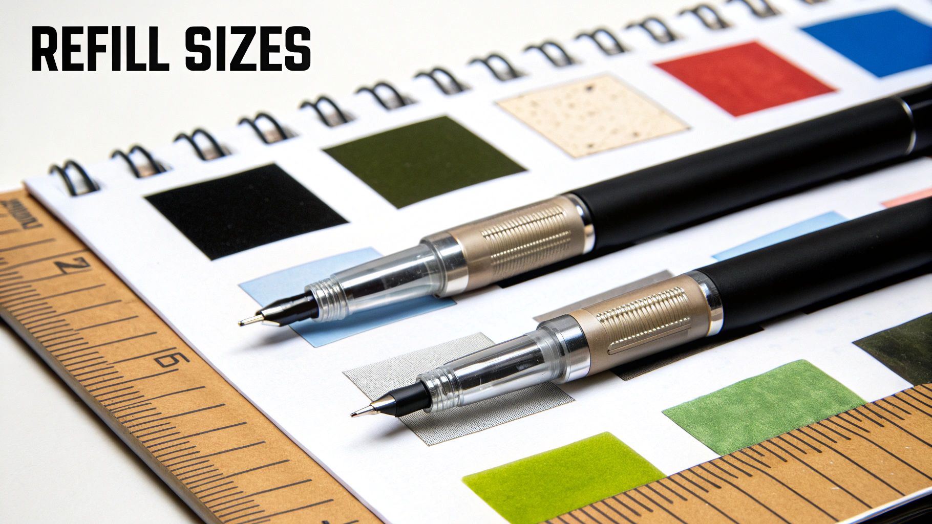 Two twist pens, a ruler, and a notebook with color swatches, displaying 'REFILL SIZES'.