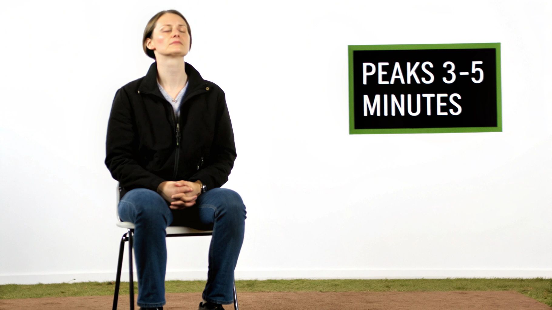 A woman sits with closed eyes, meditating, beside a sign displaying "PEAKS 3-5 MINUTES."