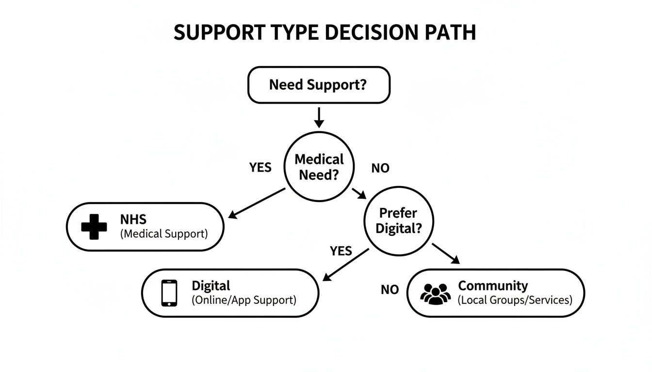 Flowchart illustrating a support type decision path, leading to NHS, Digital, or Community support.