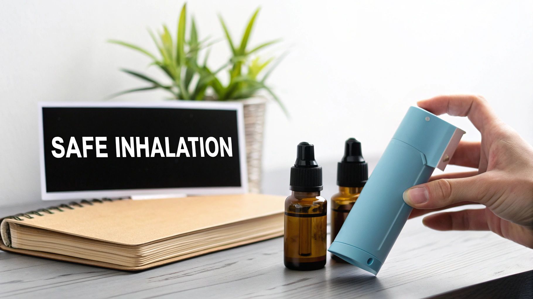 A hand holds a light blue inhaler next to essential oil bottles and a 'SAFE INHALATION' sign.