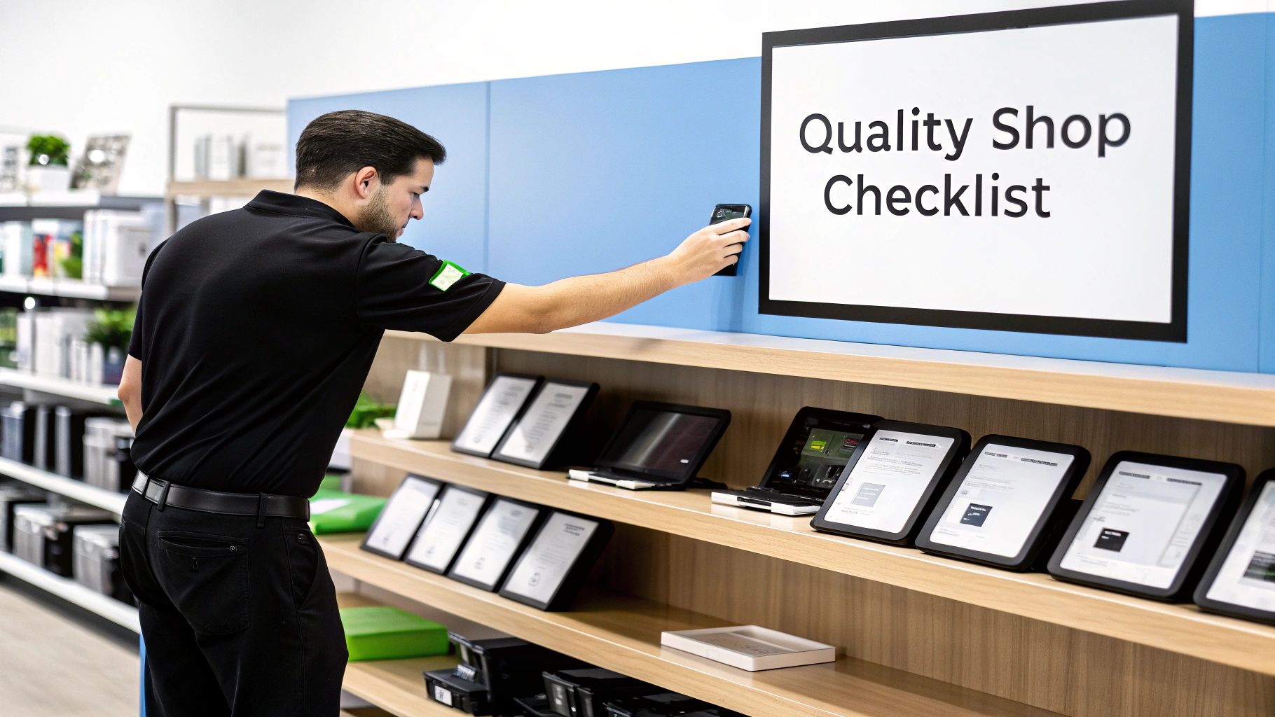 A man in a black uniform scans a wall display next to a "Quality Shop Checklist" sign in a retail store.