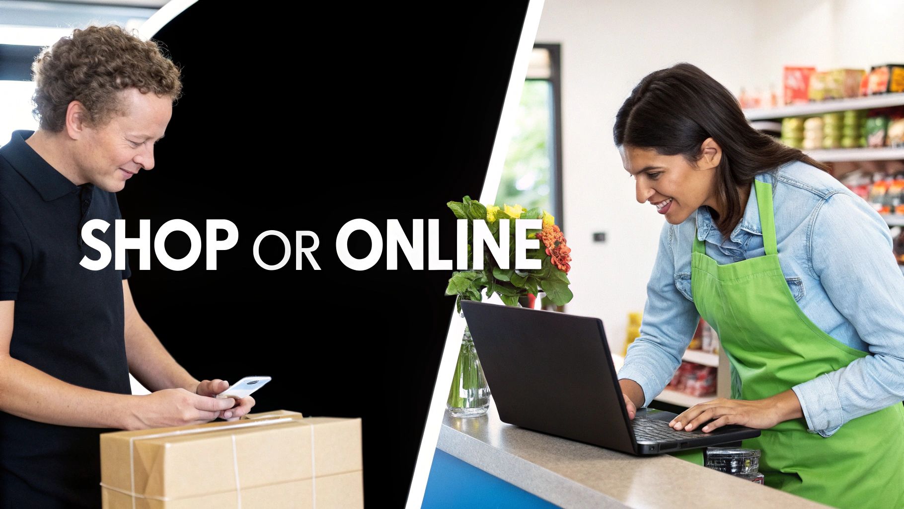 Man with smartphone and packages for online shopping, woman with laptop in store for physical retail.