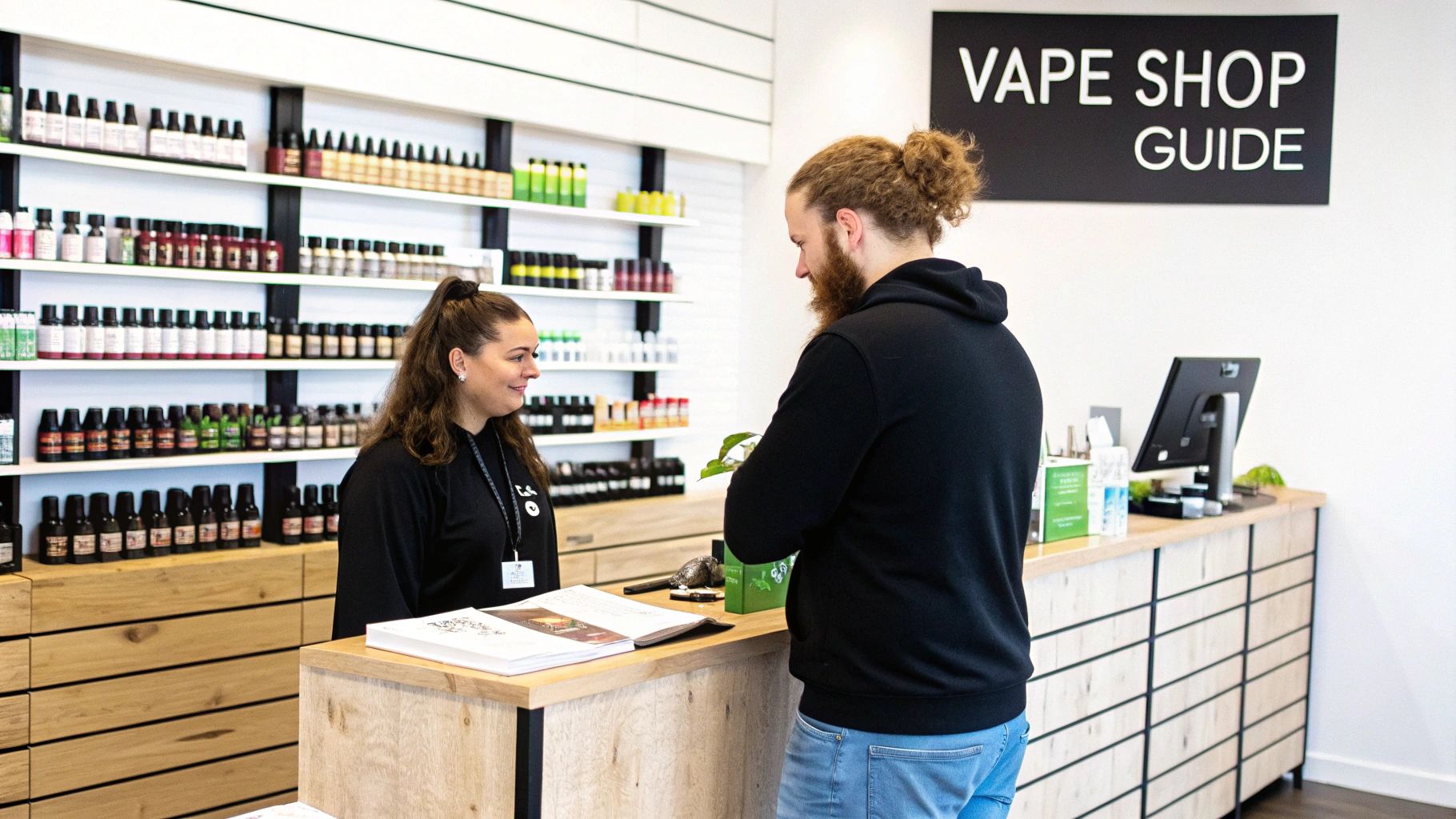 A smiling female shop assistant assists a male customer in a modern vape shop with many products.