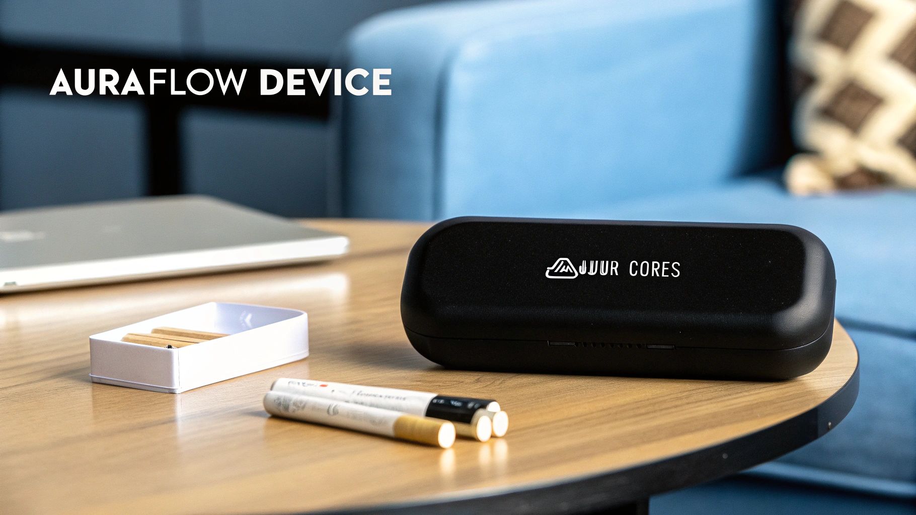 A black 'JUUR CORES' case, two vape pens, and a white tray on a wooden table.