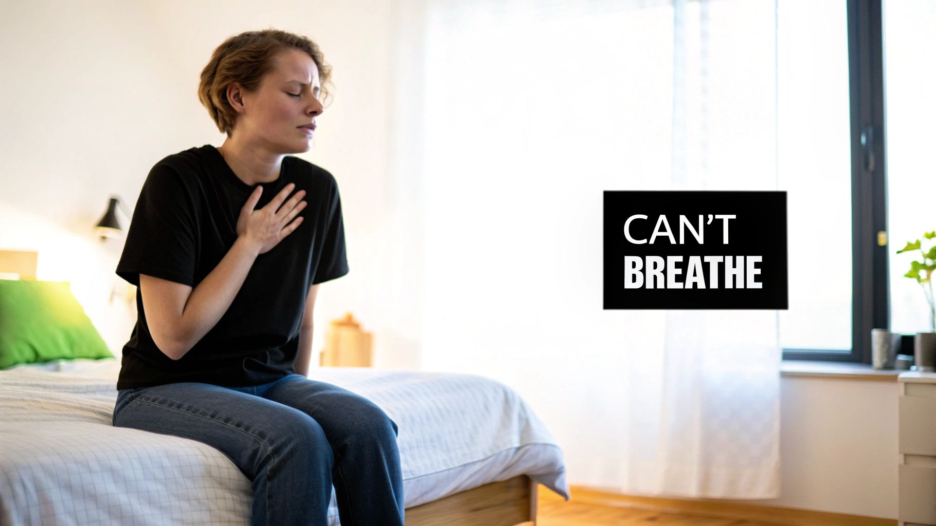 A distressed woman on a bed clutches her chest, with a sign reading 'CAN'T BREATHE'.