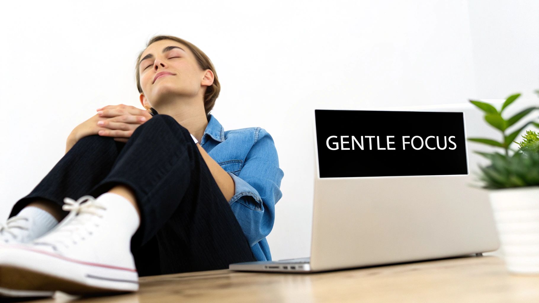 Woman sitting on a yoga mat by a large window, practicing mindful breathing.