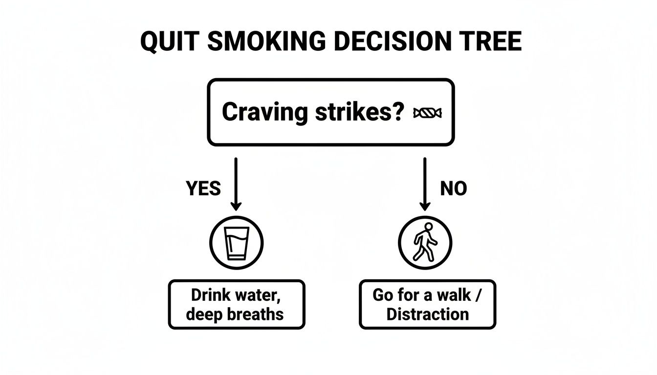A quit smoking decision tree diagram providing strategies for managing cravings and distractions.