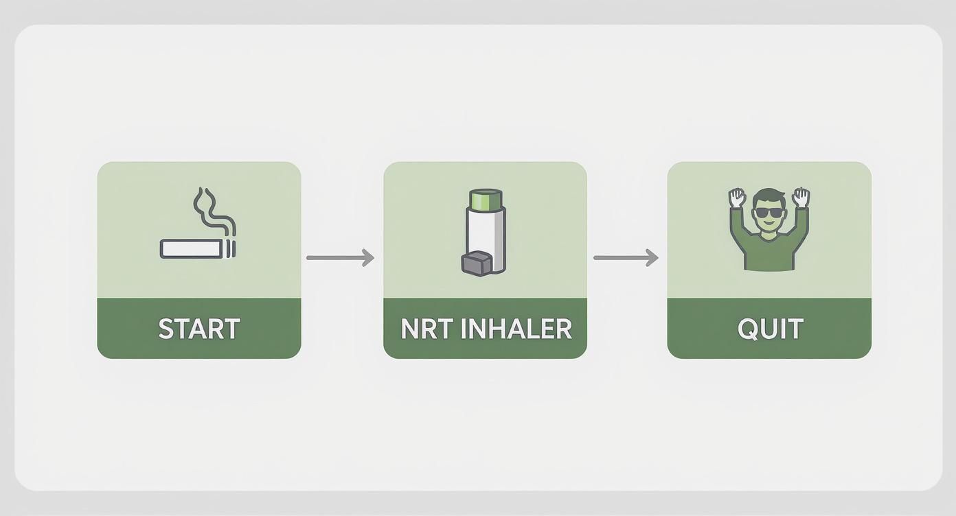 A three-step diagram illustrating the journey to quit smoking using an NRT inhaler.