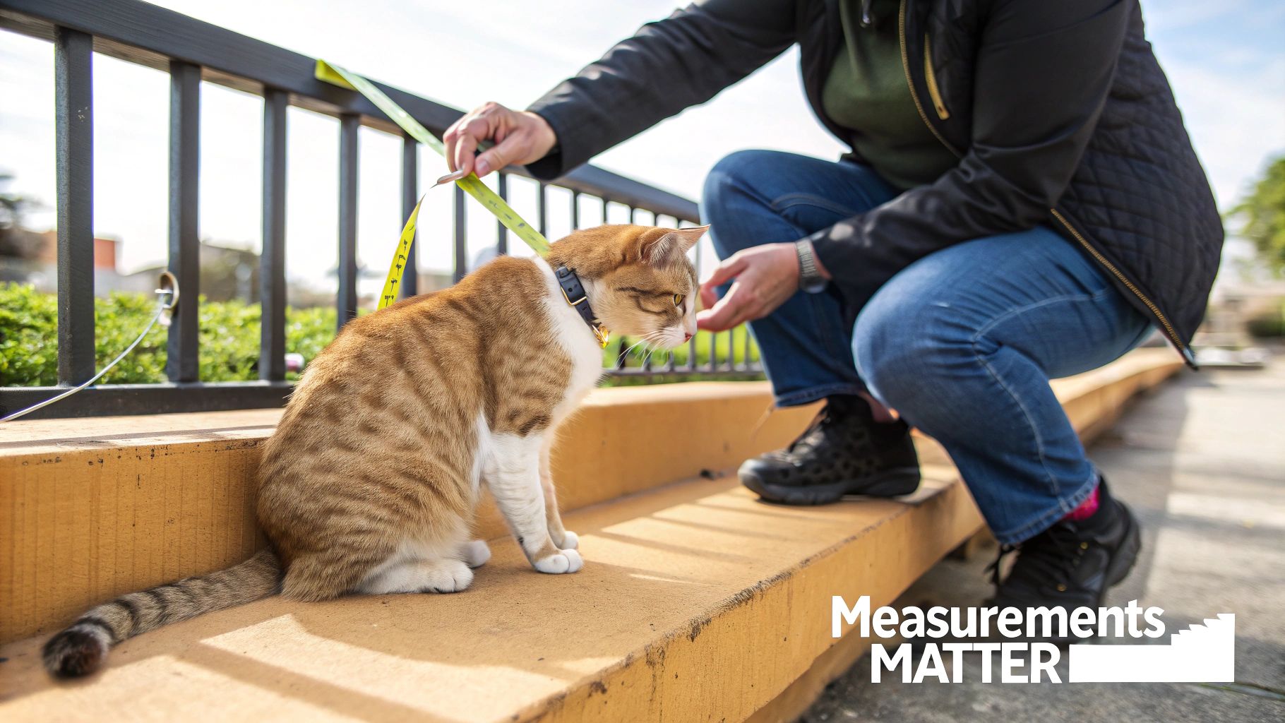 A person measuring a small, fluffy dog with a soft measuring tape.