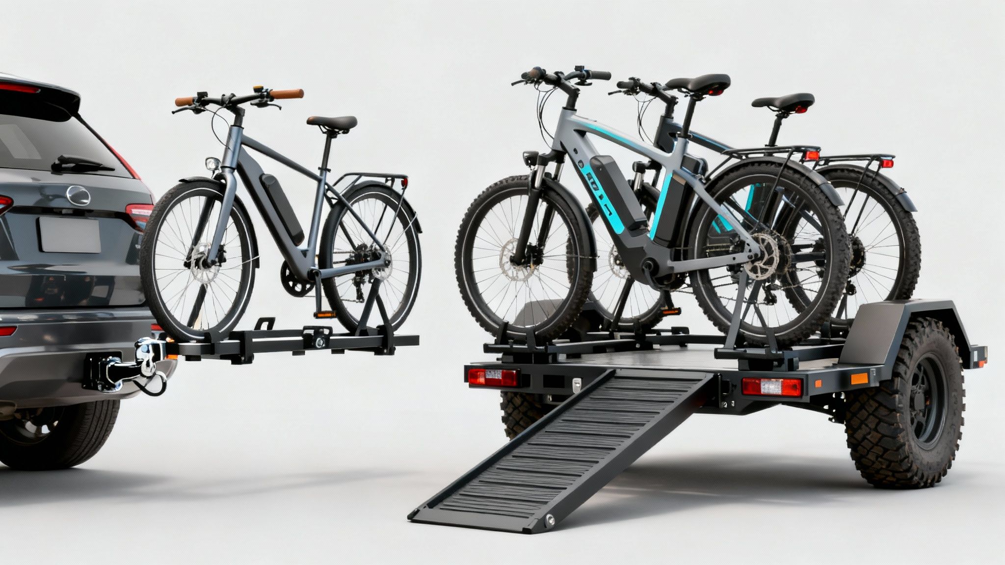Two ebikes securely mounted on a hitch rack on the back of a car, ready for an adventure.