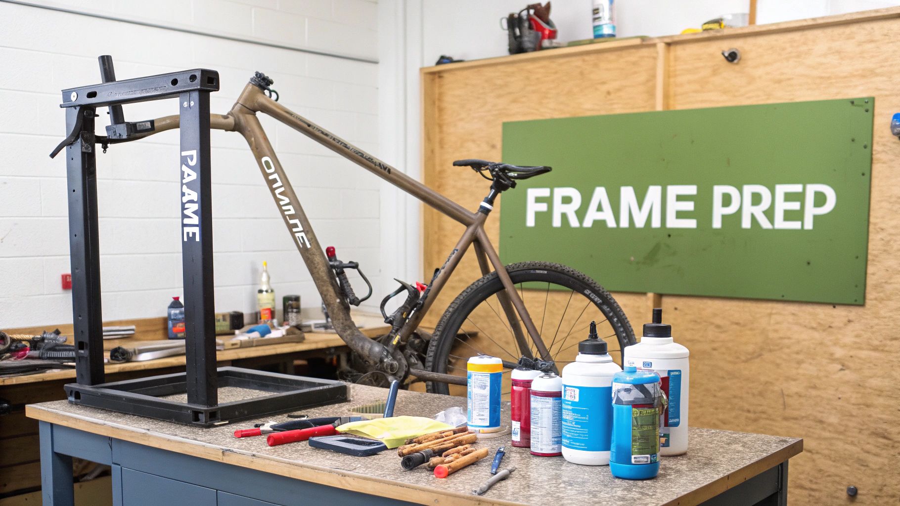 A bicycle frame being cleaned and prepared for an e-bike conversion.