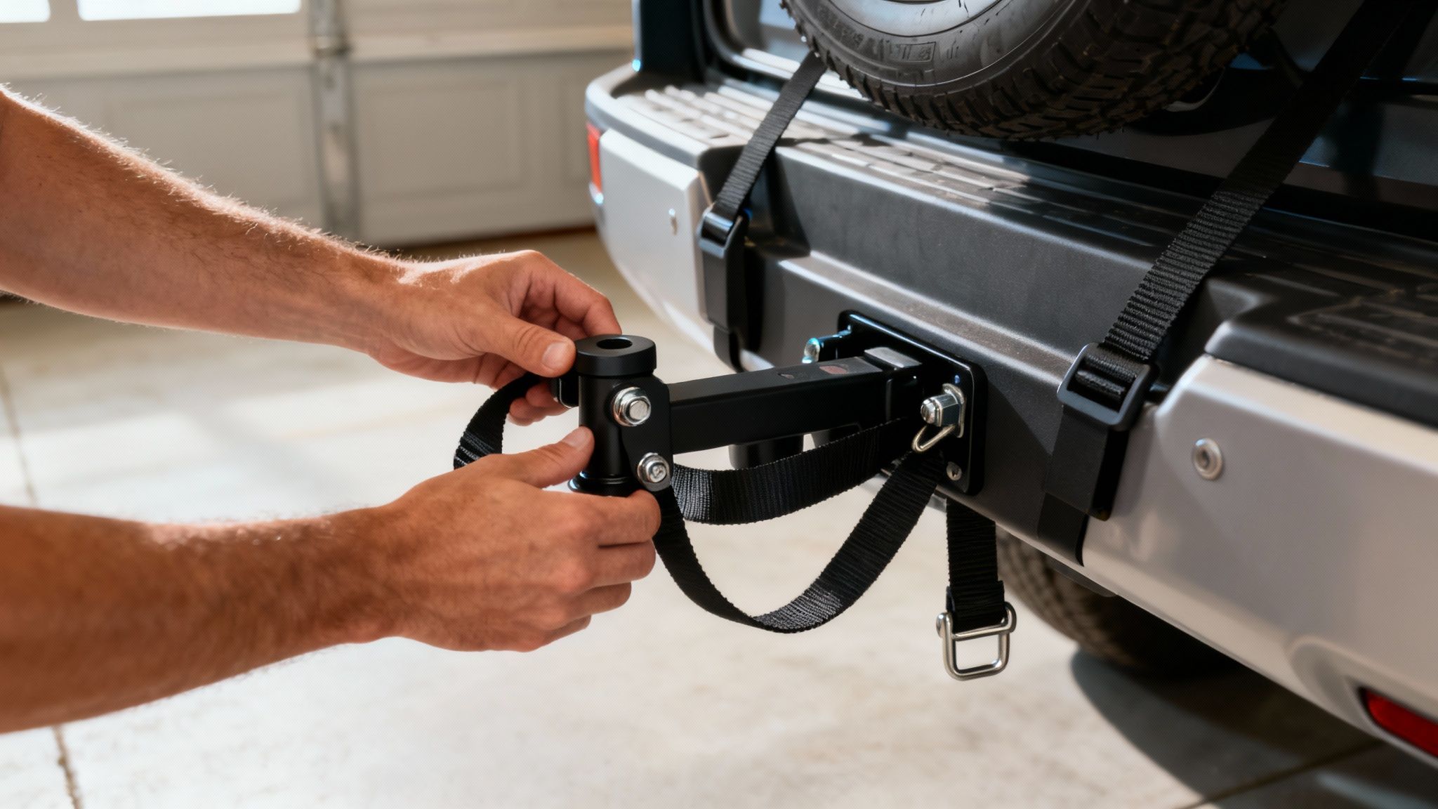 A person safely loading an ebike onto a hitch rack mounted on an SUV.