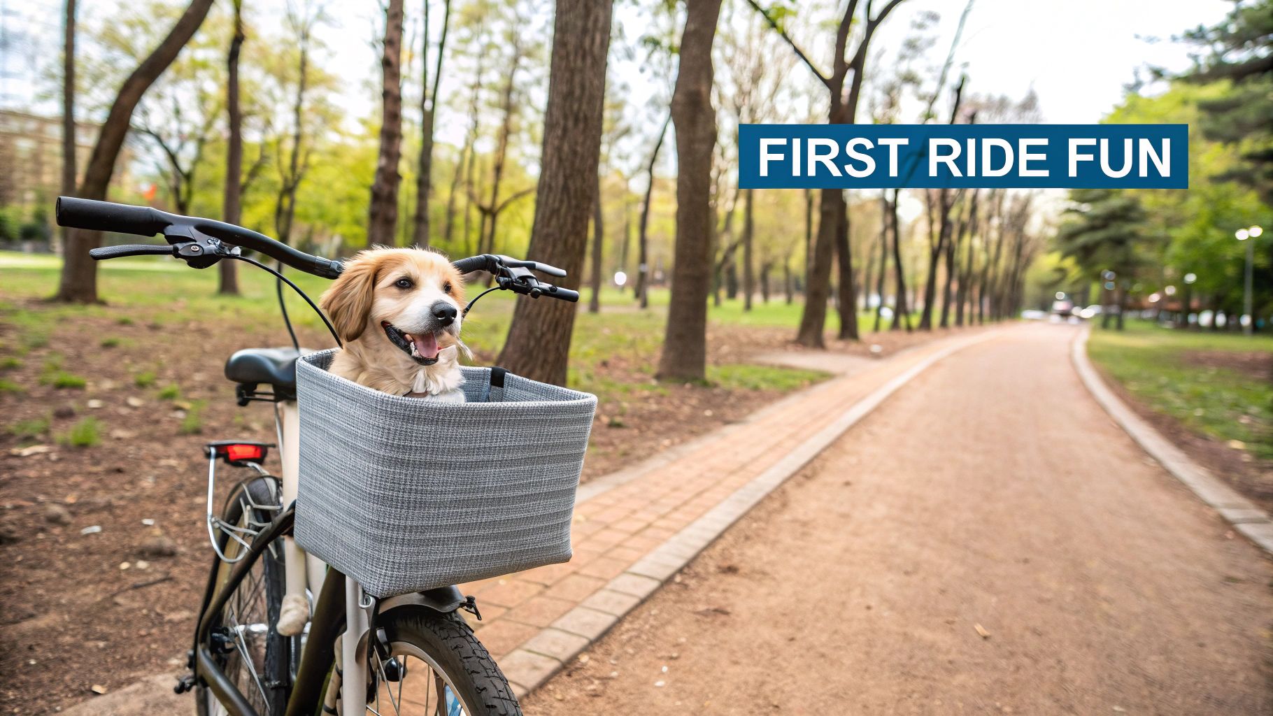 A happy small dog with floppy ears sits in a bike basket, ready for a ride.