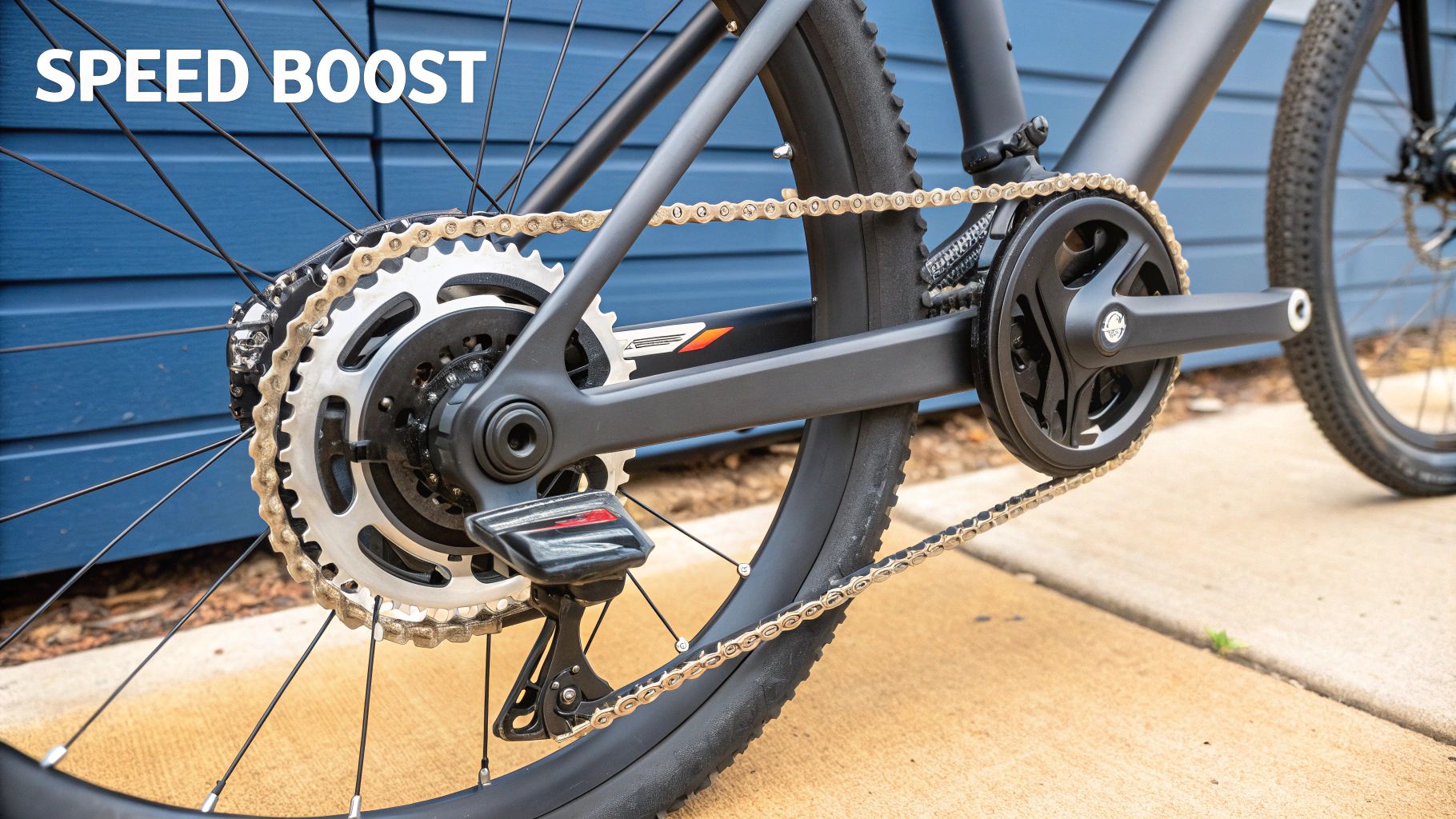 An e-bike's chainring, chain, and cassette, representing mechanical components.