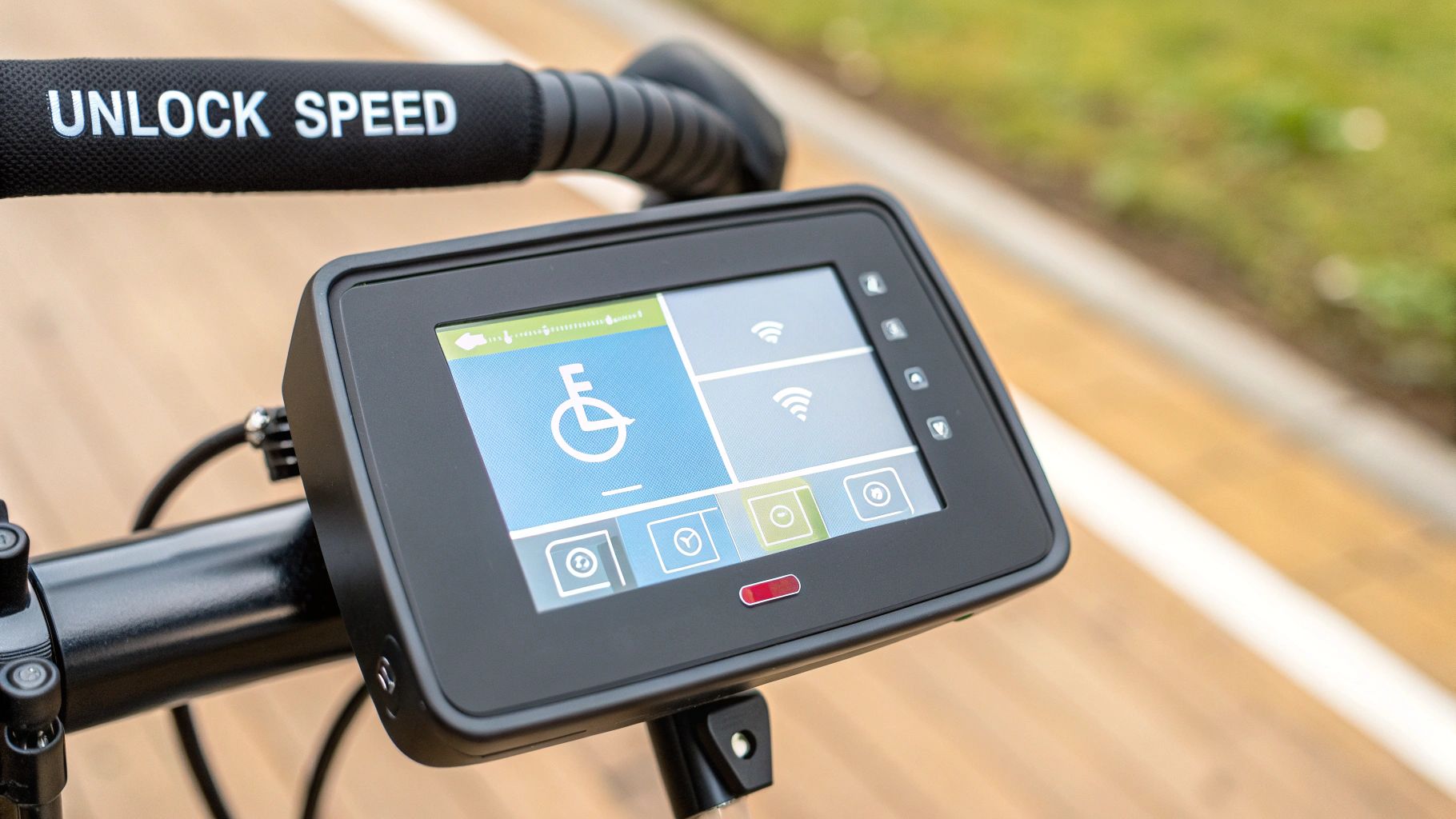 An e-bike's handlebar display showing speed and battery level.