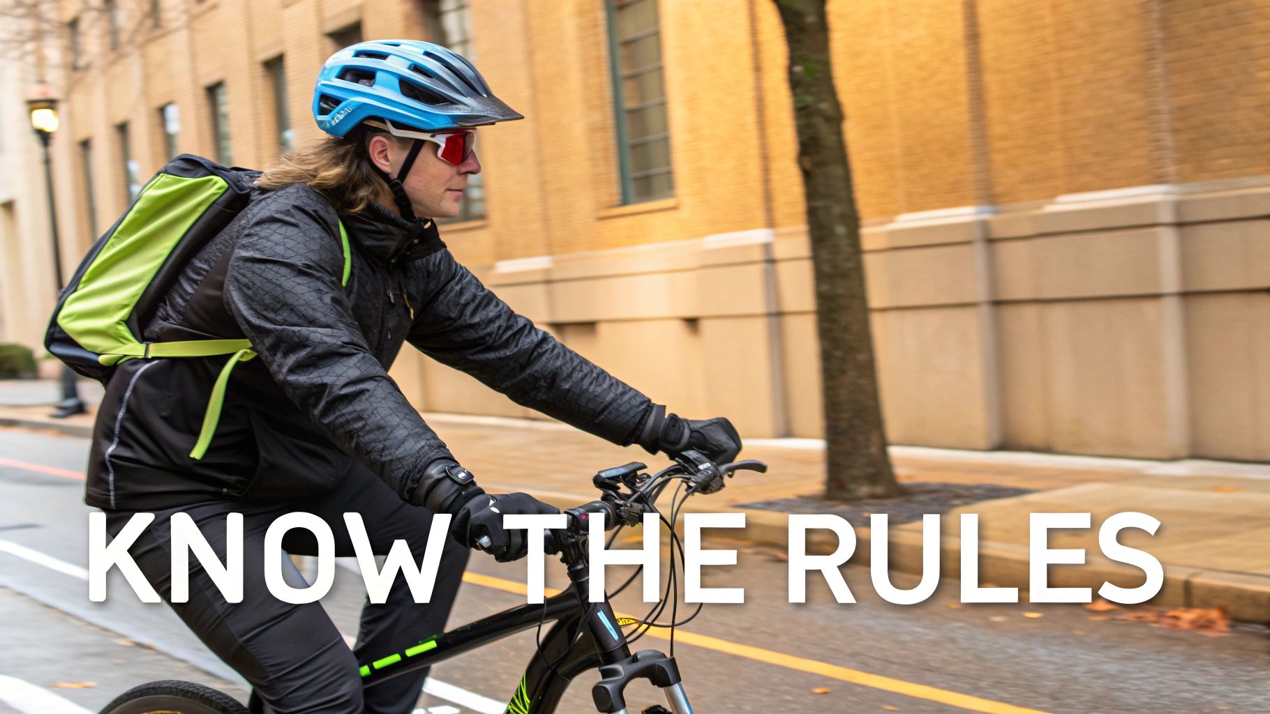 A person in a helmet riding an e-bike on a paved path through a sunny park.
