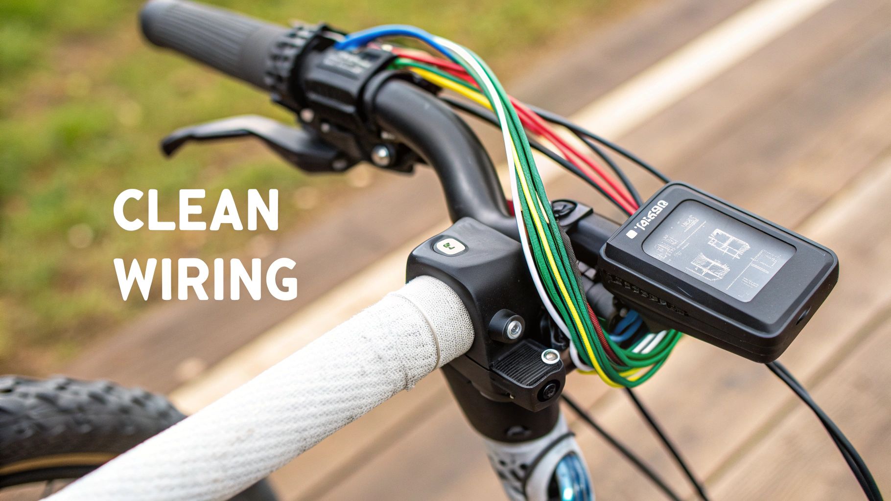 Close-up of neatly managed e-bike wiring and connections.