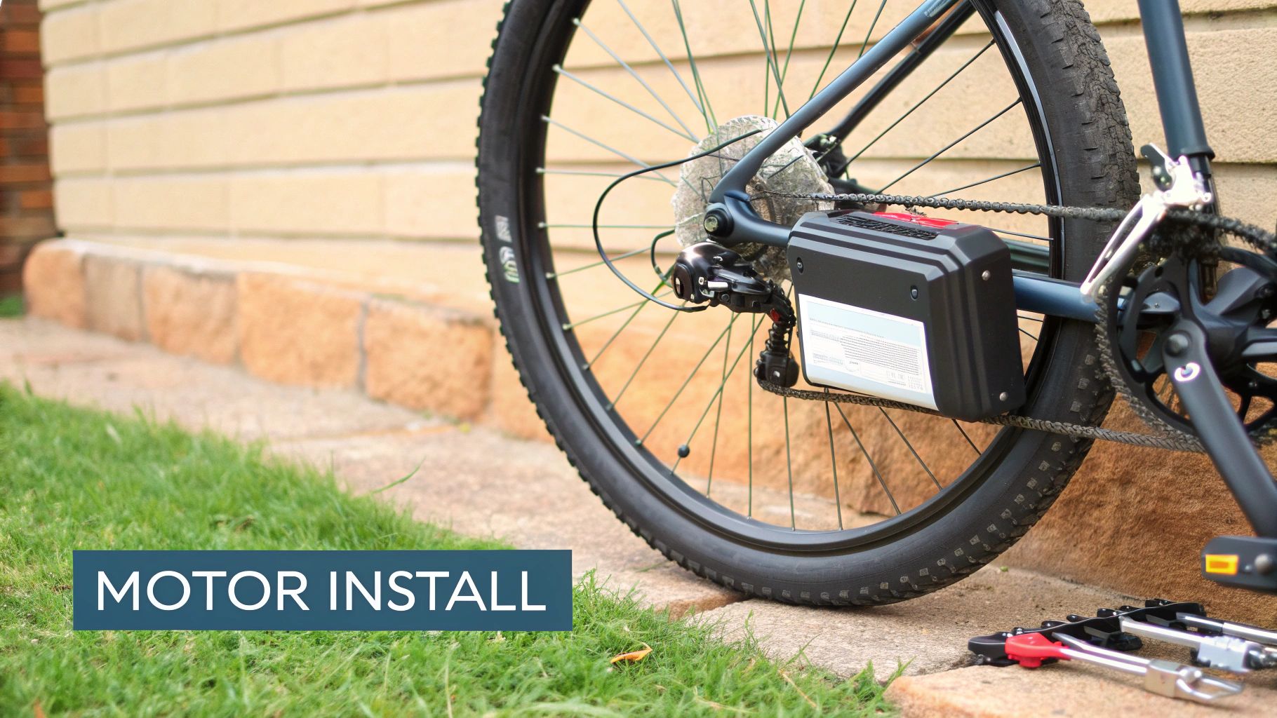 A person installing a mid-drive motor onto an e-bike frame.