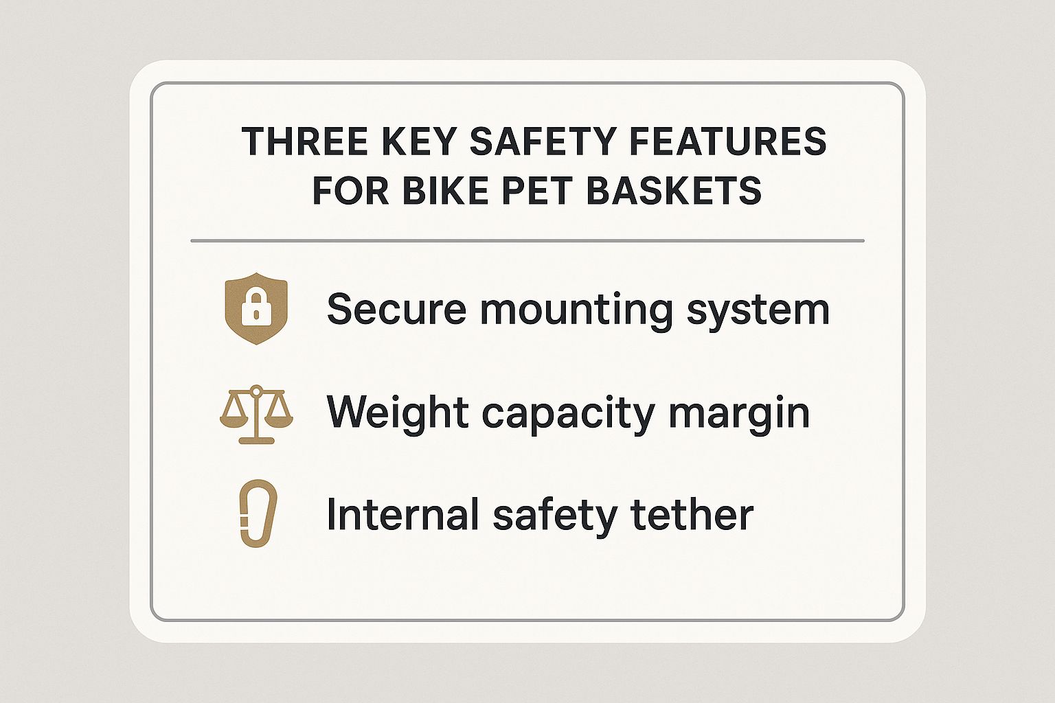Infographic listing three key safety features for bike pet baskets: secure mounting, weight capacity margin, and an internal safety tether