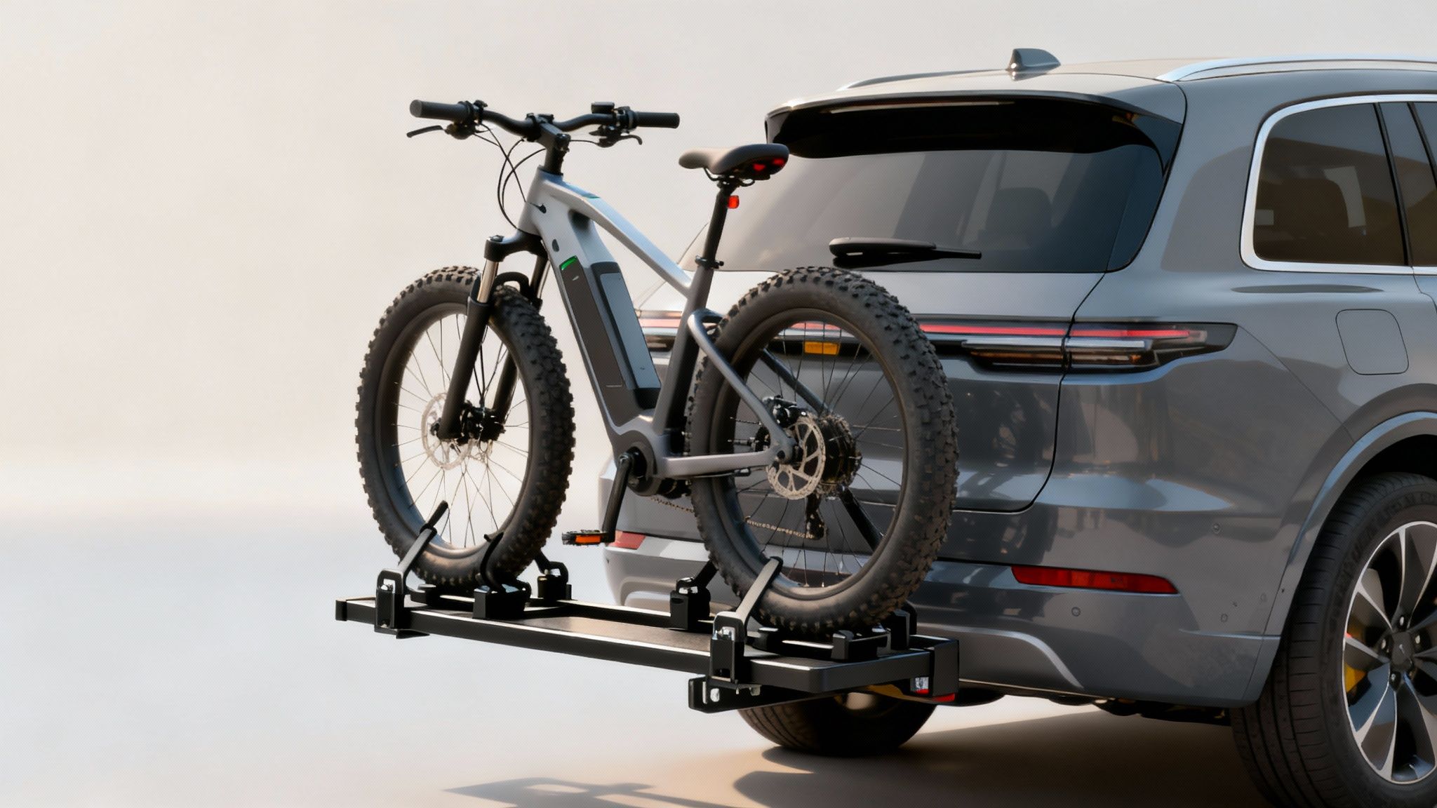 A heavy-duty ebike hitch rack mounted on the back of an SUV, securely holding two ebikes.