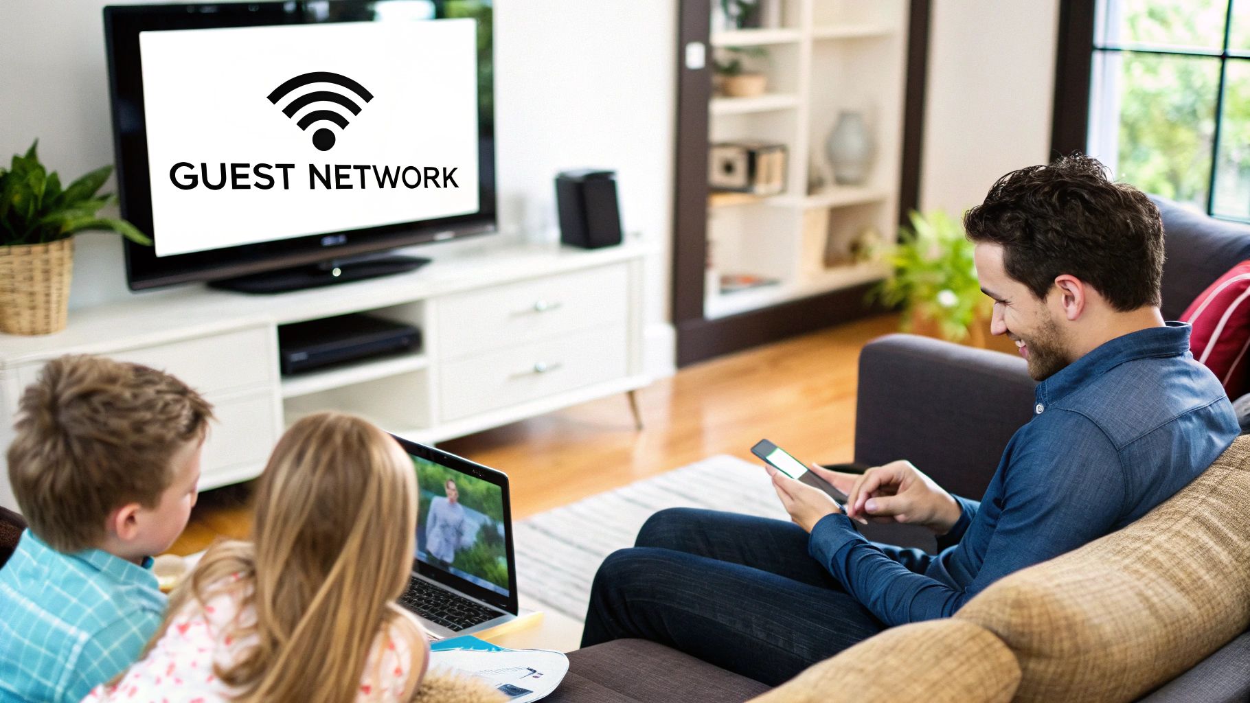 Modern router with a phone nearby showing a strong connection