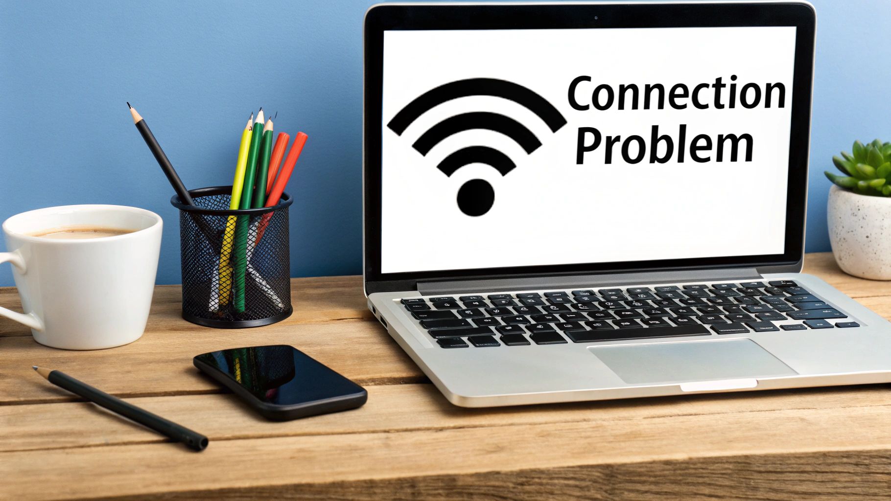 A person looking at their laptop screen with a WiFi exclamation point icon overlaid on the image.