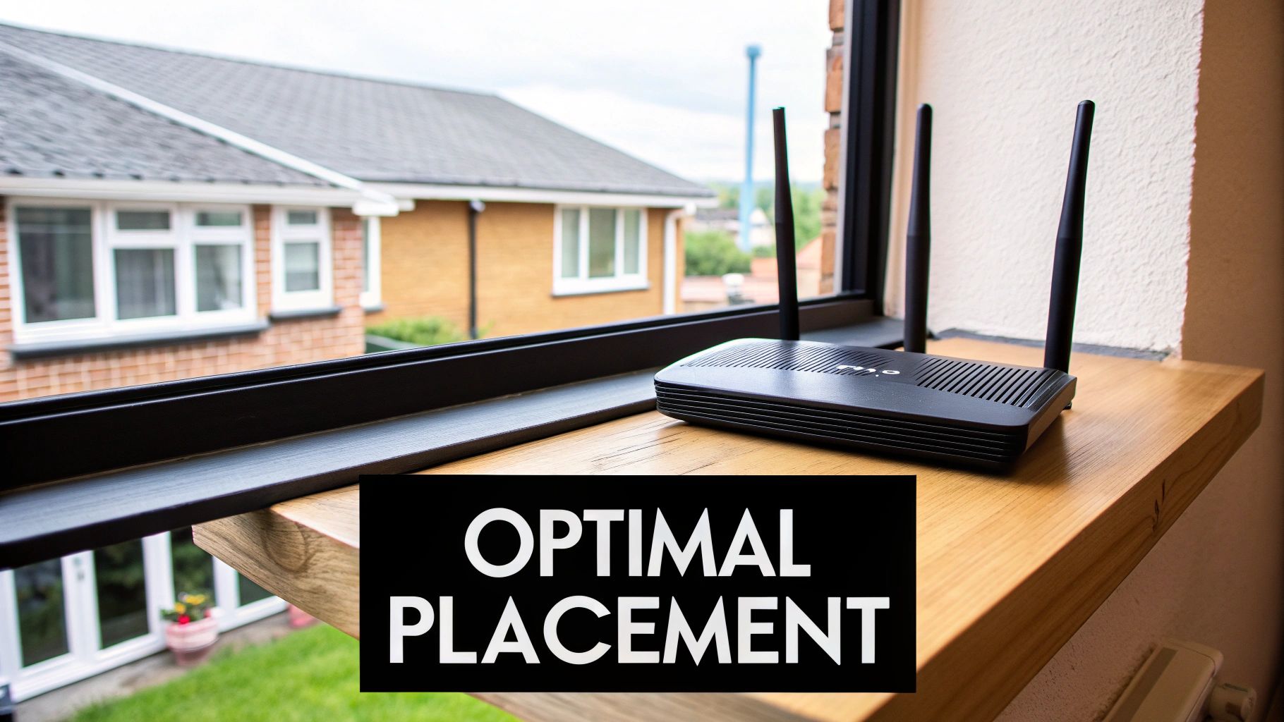 A home router placed on a shelf, with a person's hand adjusting one of its antennas.