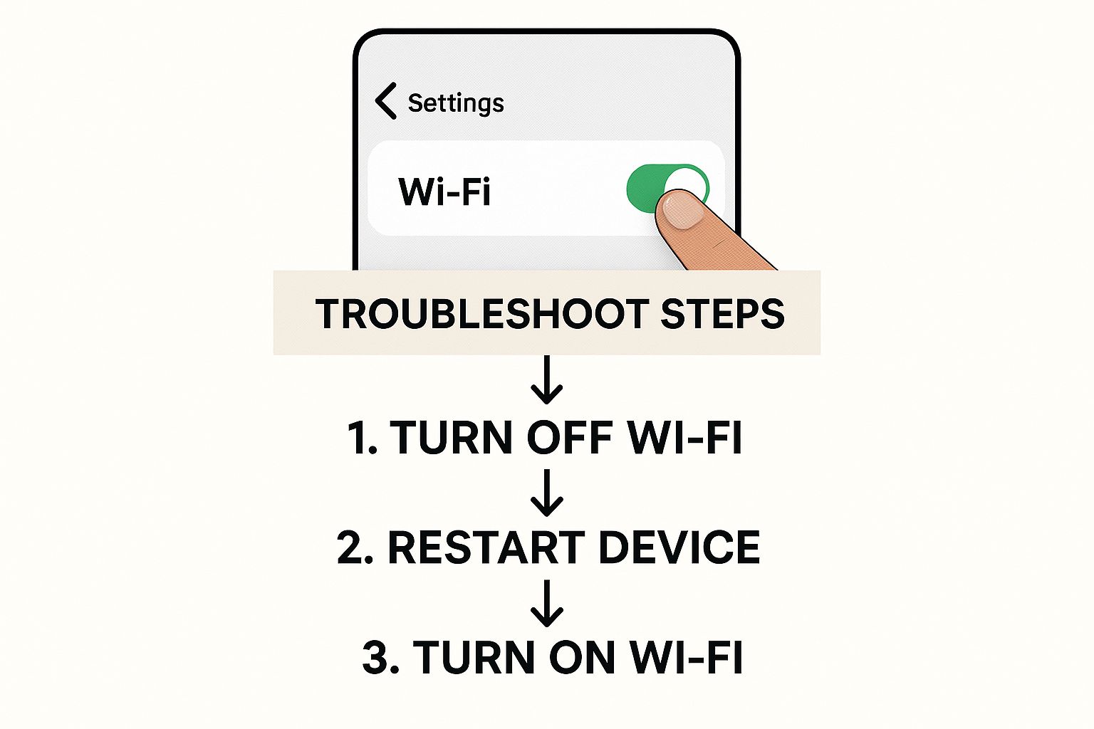 Infographic showing a finger tapping a phone's Wi-Fi settings, with a text block that says 'Troubleshoot Steps'.