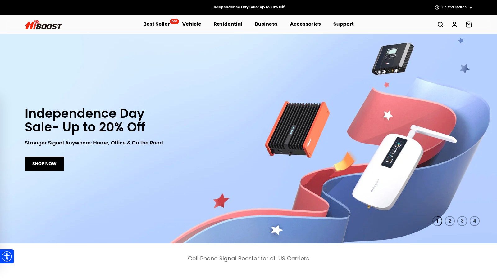 A screenshot of the HiBoost official website homepage, showing a clean design and highlighting their smart technology features for cell signal boosters.
